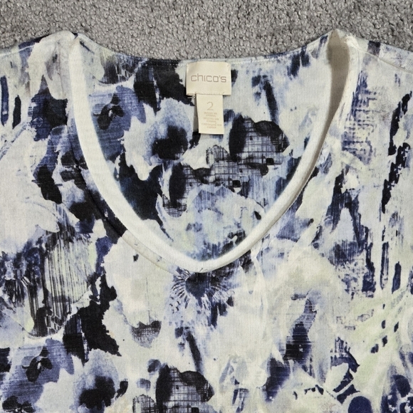Chico's Blue Cream Abstract Floral Leopard Print Tie Front Dolman Sleeve Top - Picture 4 of 9